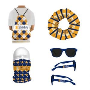 Euclid High School merch mockups of bag, scrunchie, sunglasses, mask, and pennant
