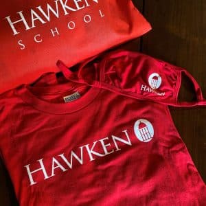 Hawken School shirt, mask, and bag